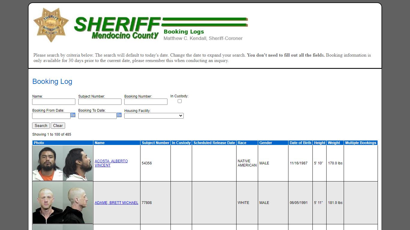Booking Log - Mendocino County Sheriff's Office